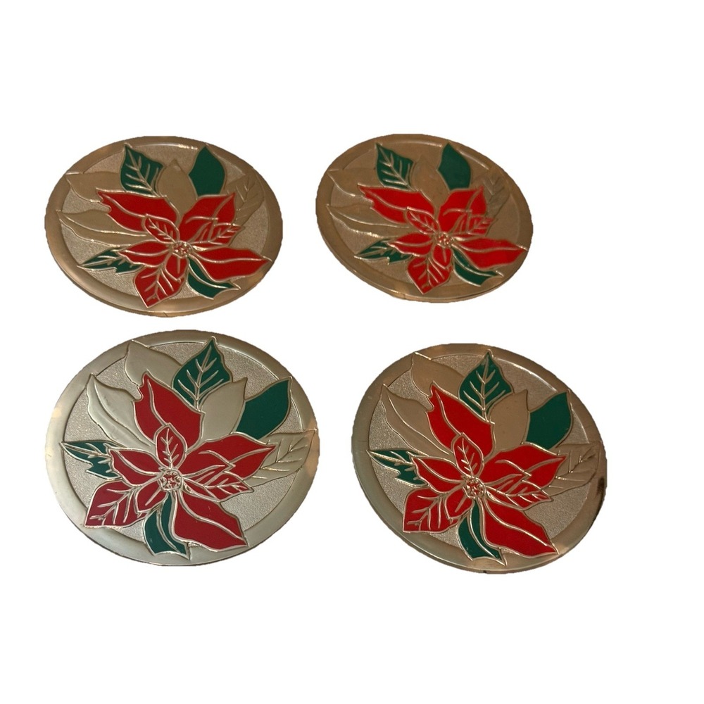 VTG Christmas Decor 4‎ Brass & Enamel Coasters Poinsettia Holiday EUC Felt Back
